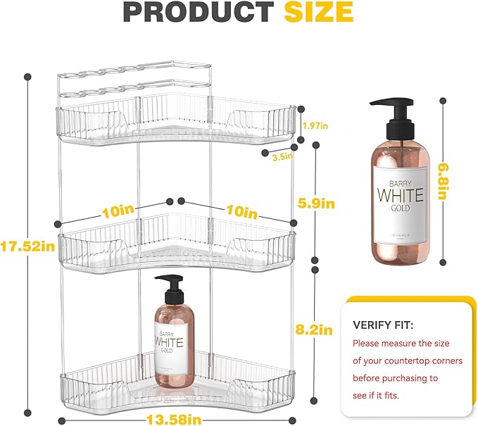 Asayuee 3-Tier Corner Bathroom Counter Organizer with Top Toothbrush Holders,Large Makeup Organizer Countertop with Brush Holder,Skincare Organizers Corner,Exquisite Vanity Organizer (Clear, 3 Tier)