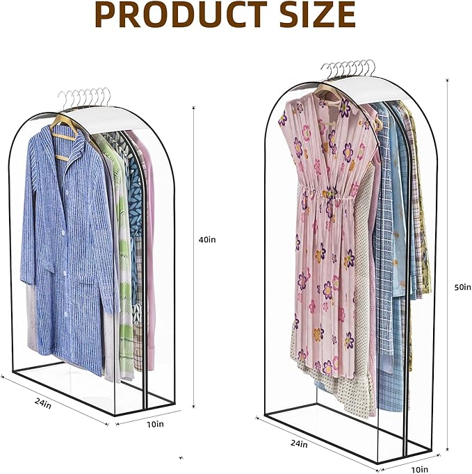 Upgraded Thickened Clear Garment Bags for Hanging Clothes 4 Packs (40 & 50 inch), 10“ Gusseted Clothes Hanging Storage Bags for Closet, Shirts, Coats, Dresses