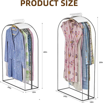 Upgraded Thickened Clear Garment Bags for Hanging Clothes 4 Packs (40 & 50 inch), 10“ Gusseted Clothes Hanging Storage Bags for Closet, Shirts, Coats, Dresses