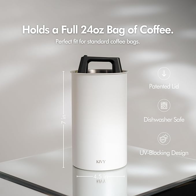KIVY Vacuum Coffee Canister - Push Lid Preserves Coffee Aroma & Oil - Stainless Steel Airtight Coffee Canister - Container for Ground & Coffee Bean Storage - Storage Jar - Removes Excess Air