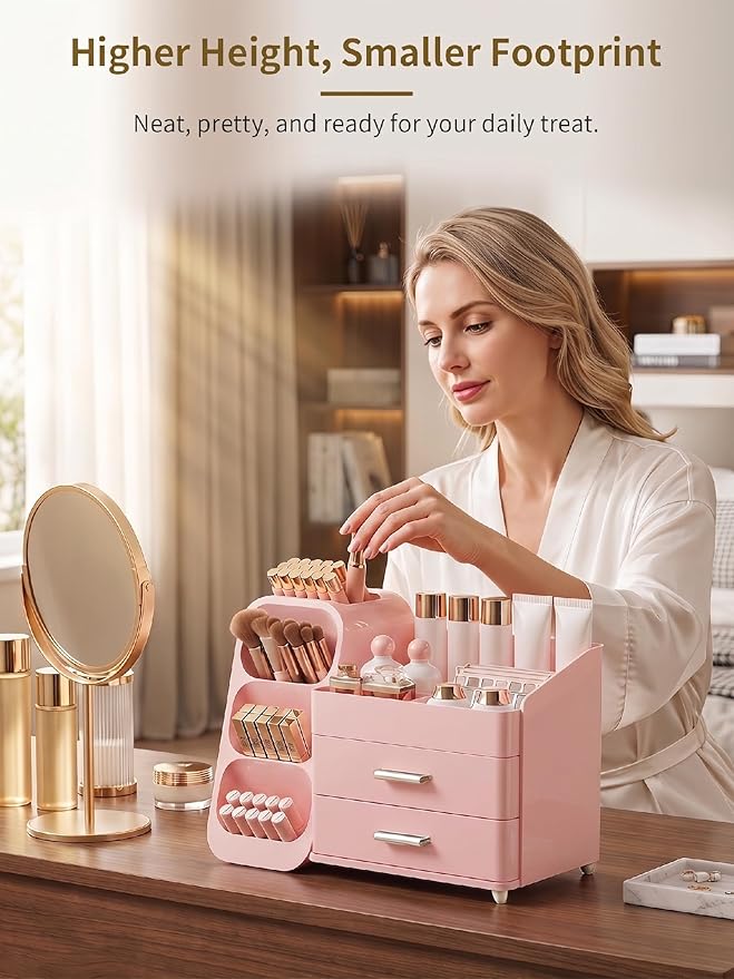 Booklov Makeup Organizer for Vanity, Large Capacity Cosmetic Display Case with Drawers, Countertop Beauty Storage Holder for Skincare, Brush Eyeliner Perfume Eyeshadow Lipsticks, Counter Desk, Pink