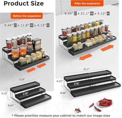 Expandable Spice Rack Organizer - 3 Tier Adjustable Spice Organizer for Cabinet & Countertop - Easy Visibility - Black