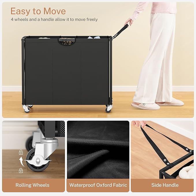 Laundry Sorter, Rolling Laundry Hamper with 3 Section Pull-Out Bags, Laundry Basket Organizer with 2 Drawers & 2-Tone Top Panel, Laundry Hamper with Wheels for Laundry Room Organization, Bathroom