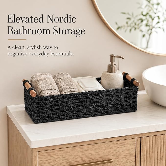Black Woven Bathroom Basket with Wood Handles — Toilet Paper Storage Organizer for Back of Toilet, Paper Rope Wicker Basket, Boho Bathroom Decor Tray for Countertop or Tank Top