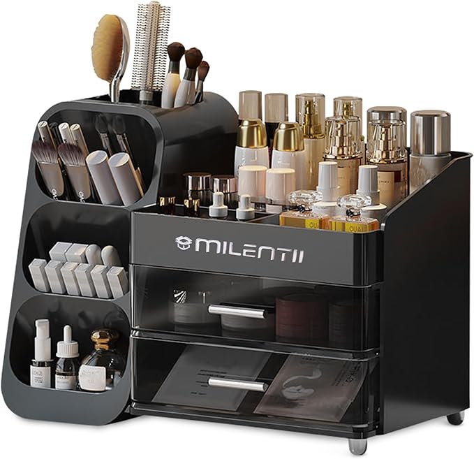 Makeup Organizer with Drawers, Large Capacity Cosmetic & Skincare Storage Box, Countertop Vanity Organizer for Bathroom, Bedroom & Dresser, ABS Plastic Makeup Storage Organizer, Black