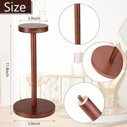 Chunful 2 Pieces Hat Display Stand Rustic Wood Hat Rack Holder Stand Vintage Wig Holder Jewelry Display Riser Helmet Organizer Storage for Home(Brown)