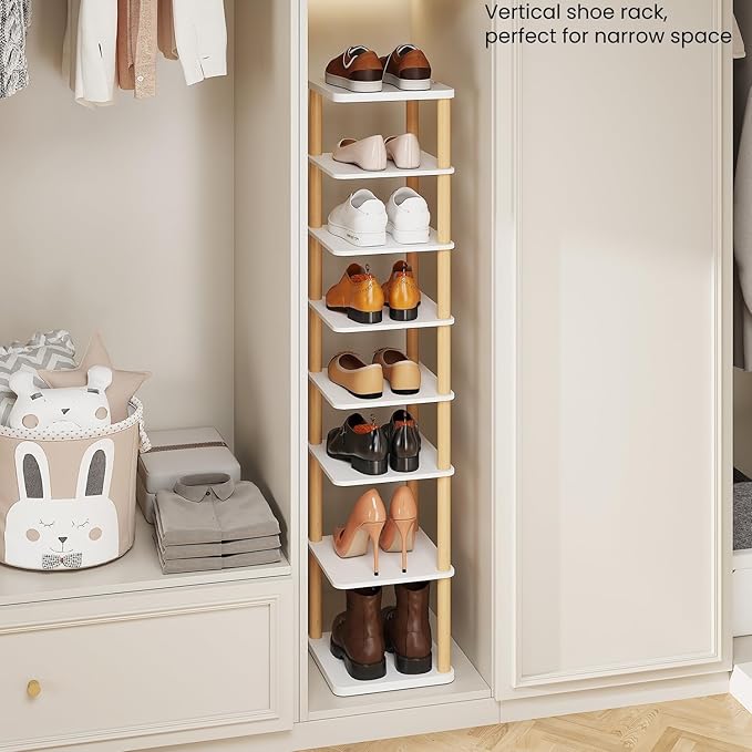 LUCKNOCK Vertical Shoe Rack, 8-Tier Tall Narrow Shoe Organizer for Entryway, Closet, Dorm & Small Spaces, Freestanding Wooden Shoe Shelf Tower for Boots, Sneakers, Heels. (White)