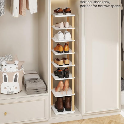 LUCKNOCK Vertical Shoe Rack, 8-Tier Tall Narrow Shoe Organizer for Entryway, Closet, Dorm & Small Spaces, Freestanding Wooden Shoe Shelf Tower for Boots, Sneakers, Heels. (White)