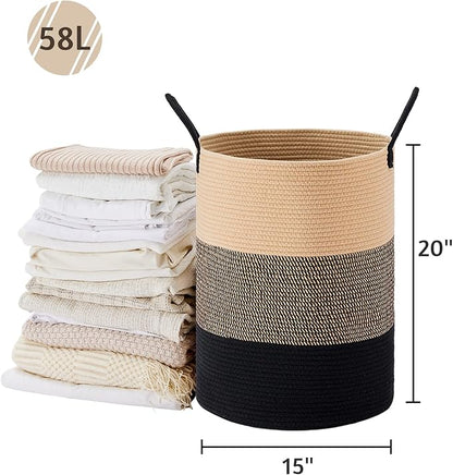 VIPOSCO Large Laundry Hamper, Tall Woven Rope Storage Basket for Blanket, Toys, Dirty Clothes in Living Room, Bathroom, Bedroom - 58L Brown & Black
