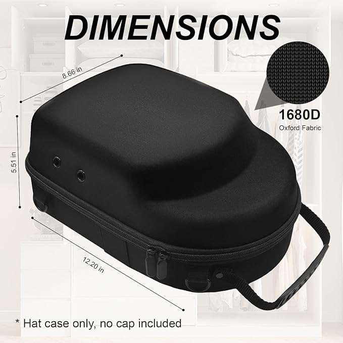 Hard Hat Travel Case for Baseball Caps 1 Piece Black - Hat Protector with Handle, Adjustable Shoulder Strap & Luggage Strap, Stores 6 Hats for Travel, Home, Gifts