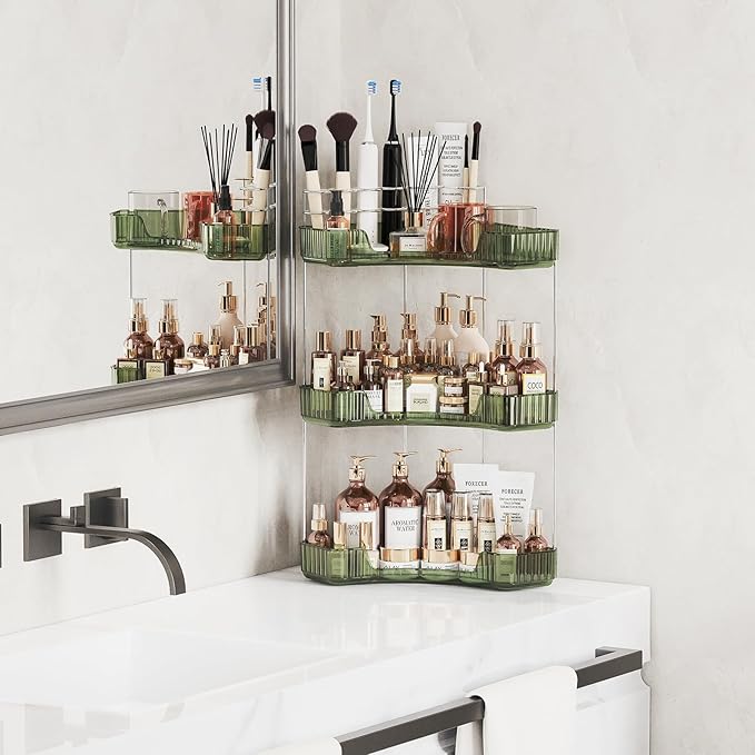 Asayuee 3-Tier Corner Bathroom Counter Organizer with Top Toothbrush Holders,Large Makeup Organizer Countertop with Brush Holder,Skincare Organizers Corner,Exquisite Vanity Organizer (Green, 3 Tier)