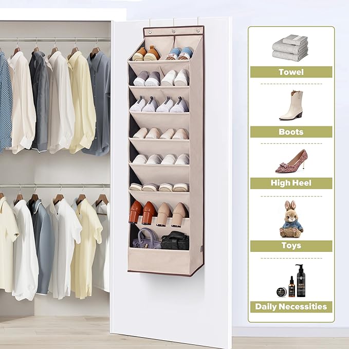 Door Shoe Organizer with 10 Extra Large Pockets, 23 Pairs Shoes Large Capacity Hanging Storage Organizer for Shoes, Diapers, Beige, 8 Layers, 4-Pack