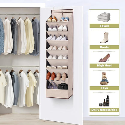 Door Shoe Organizer with 10 Extra Large Pockets, 23 Pairs Shoes Large Capacity Hanging Storage Organizer for Shoes, Diapers, Beige, 8 Layers, 4-Pack
