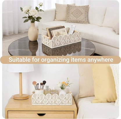 Mkono Macrame Storage Basket, Scalloped Edge Toilet Paper Basket Boho Woven Decor, Small Countertop Organizer with Handles for Shelf, Living Room, Bedroom, Home,Office, 2 Pack, Ivory