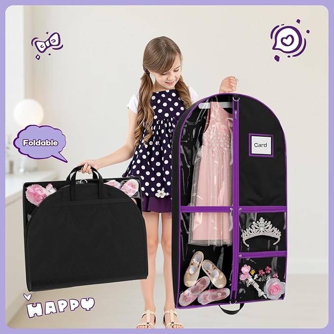 2Pack Dance Garment Bags for Dancers, 40" Garment Bags for Hanging Clothes with 3 Clear Zipper Pockets, Cheer Uniform Garment Bag for Suits, Travel & Sports Jersey, Cheer Uniform (Purple, 2Pack 40")