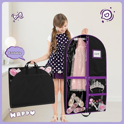 2Pack Dance Garment Bags for Dancers, 40" Garment Bags for Hanging Clothes with 3 Clear Zipper Pockets, Cheer Uniform Garment Bag for Suits, Travel & Sports Jersey, Cheer Uniform (Purple, 2Pack 40")