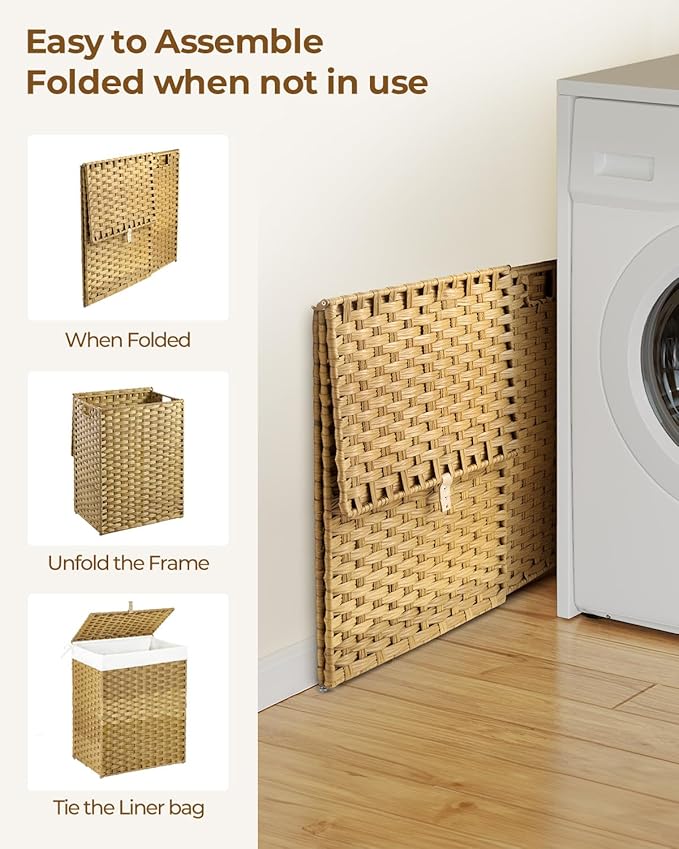 GREENSTELL Laundry Hamper with Lid, 90L Clothes Hamper with 2 Removable Liner Bags & 2 Mesh Laundry Bags, Handwoven Synthetic Rattan Laundry Basket for Clothes, Toys in Bathroom, Bedroom Natural