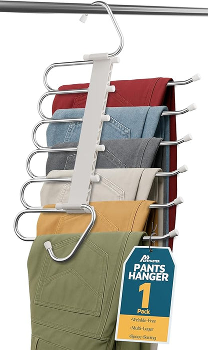Lifemaster Space Saving Pants Hangers 1 Pack, 6 Layer Jeans Hangers & Closet Organizer for Jeans, Scarves, & Skirts, Multi-Layer Hanger with Anti-Slip Stopper, Heavy-Duty S-Type Stainless Steel, White