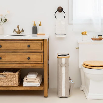 StorageWorks Toilet Paper Storage Baskets with Dual Flip Lids, Toilet Paper Organizer for Bathroom, Toilet Paper Container with Side Pocket, Holds 15 Mega or 20 Regular Rolls, Large, Light Khaki