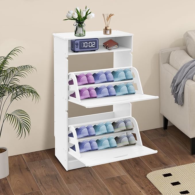 Free Standing Shoe Rack for Entryway, Hidden Narrow Shoe Storage Cabinet w/2 Flip Drawers, Shoe Organizer Cabinet for Bedroom Hallway Home Apartment (White)