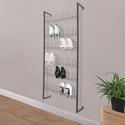 70 Inch 6-Tier Wall Mounted Metal Shoe Organizer, Hanging Shoe Rack for 18 Pairs, Space Saving Heavy Duty Iron Shoe Storage Caddy for Closet Entryway Garage (Black)