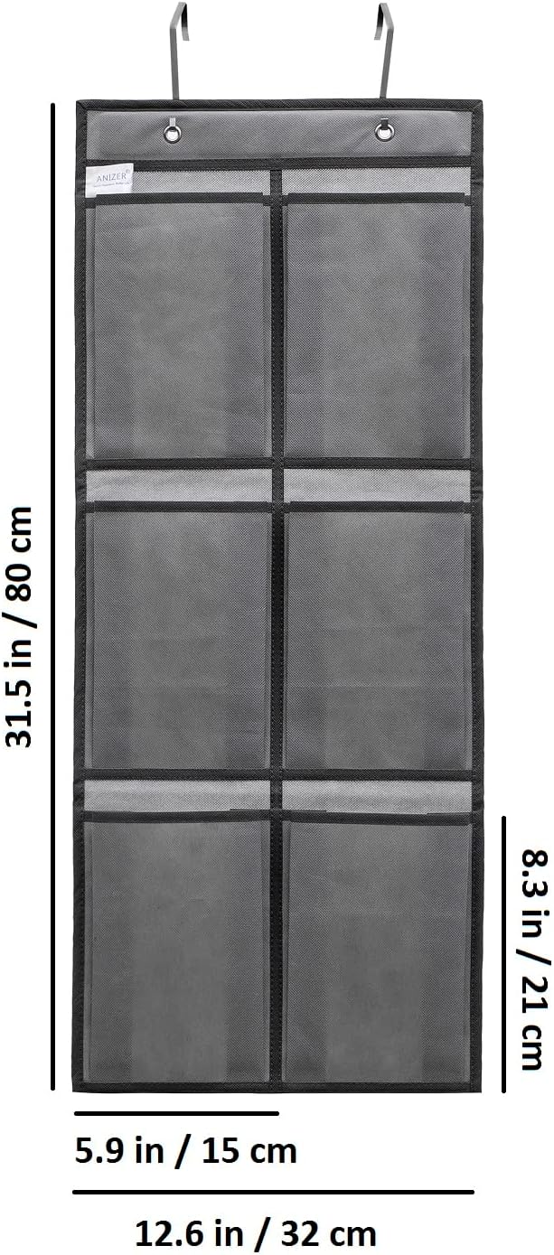 Over The Narrow Door Shoe Organizer Hanging 6 Large Fabric Pockets Back Door Shoe Holder for Closet with 2 Hooks (GREY)