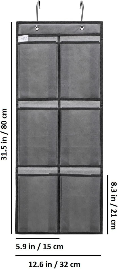 Over The Narrow Door Shoe Organizer Hanging 6 Large Fabric Pockets Back Door Shoe Holder for Closet with 2 Hooks (GREY)