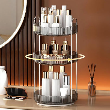 YCIA&DONE 360 Rotating Makeup Organizer and Storage for Vanity Countertop 3 Tiers, High Capacity Cosmetic Skincare Perfume Organizers for Dresser Bathroom Lazy Susan (Smoky Gray)