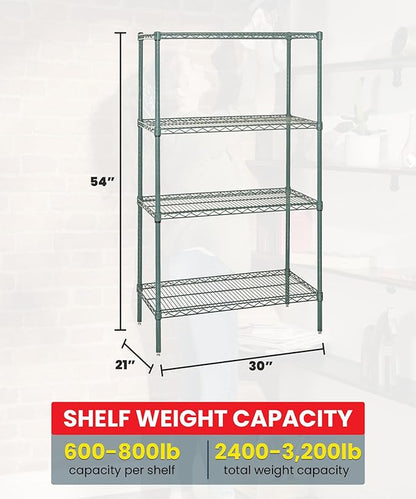 Quantum Storage Systems WR54-2130P-5 Wire Shelving Starter Kit, 30" W x 21" D x 54" H, 600 lbs Capacity, Carbon Steel, Epoxy Coated, Green, NSF