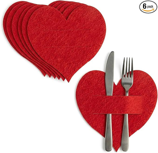 6PCS Valentine Heart Shaped Flatware Holders,Red Love Theme Felt Utensil Covers for Valentine’s Day, Engagement Romantic Dinner Table Party Decor Supplies
