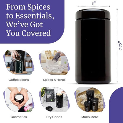 Infinity Jars, 1 L (34 fl oz) Pack 10, Premium Airtight Ultraviolet Glass Jar Smell Proof, Antistatic, Light Blocking Container for Herbs, Coffee, Tea & Spices Durable, Travel-Friendly Storage