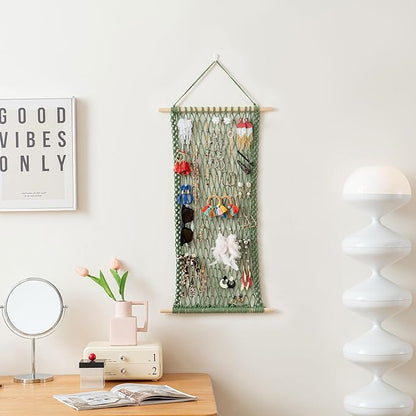 Pretty Jolly Hanging Jewelry Mesh Organizer Macrame Wall Mounted Necklaces Storage Earring Display Rack Girls Hair Clips Hanger with 20 Pieces S Shape Hooks for Bracelets,Necklace and Rings(Green)