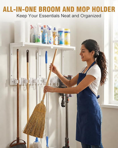 Broom Holder Wall Mount with Top Wooden Shelf, Heavy Duty Metal Cleaning Supplies Broom Hanger with Vacuum Organizer and 5 Slots & 5 Hooks for Laundry Garage Tool Storage Kitchen (Large, White)