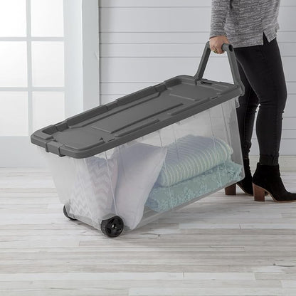 Extra Large Storage Bin, 40 Gallon Wheeled Plastic Storage Container with Handle,Pack of 2 (Clear/Gray)