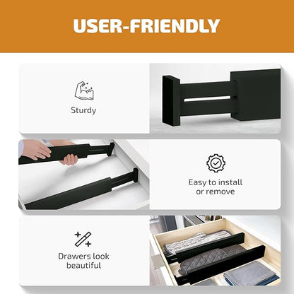 4-Pack Bamboo Drawer Dividers - 12.2 to 17.3 Inches Deep, 2.6 Inches High, Adjustable Expandable Drawer Organizer Dresser Separator for Clothes, Utensils, Kitchen, Bathroom, Office Storage, Black