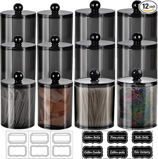 SheeChung 12 Pack Qtip Holder,Black Acrylic Apothecary Jars with Lids & Labels - (6) 10oz & (6) 12oz Qtip Holder Set,Plastic Bathroom Canisters,Minimalist Shatterproof Home Bathroom Storage Organizer