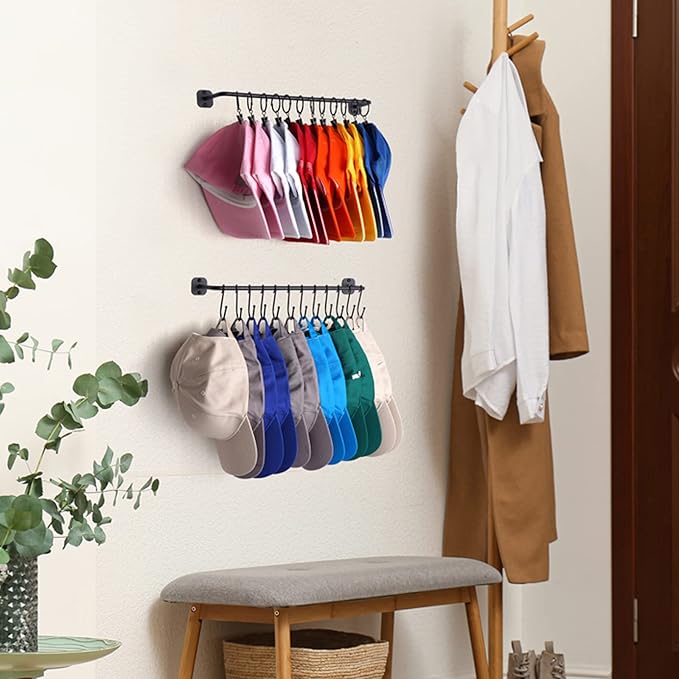 Hat Rack Wall Mount 24 Baseball Caps, Modern Metal Hook with 12 Clips and 12 Hooks Holder Storage Display for Closet Bedroom Entryway Laundry, 2 Pack Black