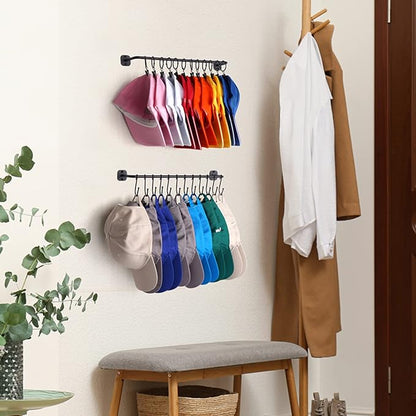 Hat Rack Wall Mount 24 Baseball Caps, Modern Metal Hook with 12 Clips and 12 Hooks Holder Storage Display for Closet Bedroom Entryway Laundry, 2 Pack Black