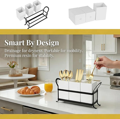Utensil Holder with Drain Holes, Real Resin Silverware Caddy for Party Countertop,Cutlery Holders Silverware organizer for Spoon and Fork, White Black