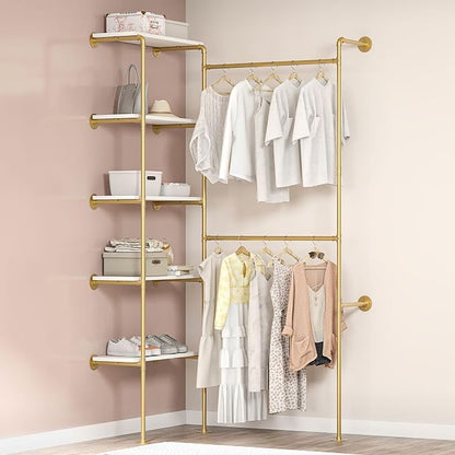 Industrial Pipe Clothing Rack, Wall Mounted DIY Garment Rack with 2 Adjustable Rod & 5 Shelves, Heavy Duty Closet Organizers System in Wardrobe Closet, Gold