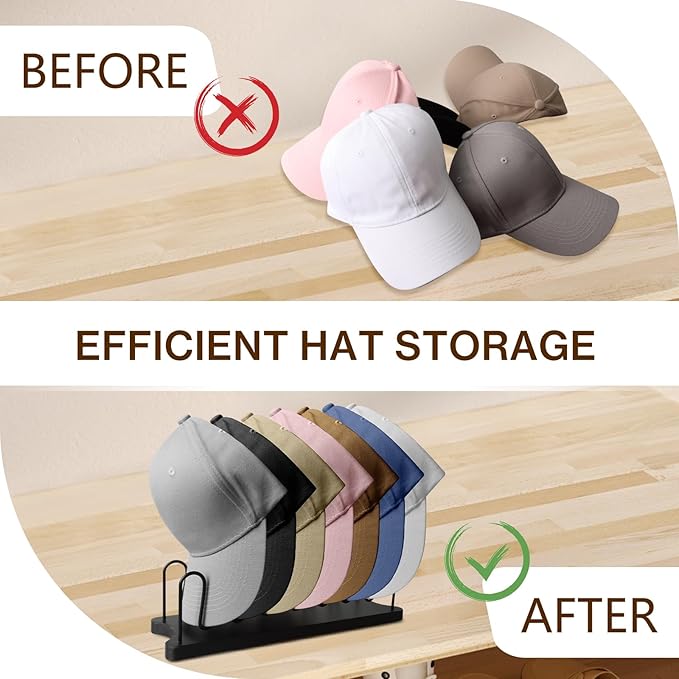 2X Hat Organizer for Baseball Caps - Wooden and Iron Hat Rack for 14 Caps, Tabletop Hat Holder - Hats Display & Storage, Hat Stand Baseball Cap Organizer for Closet, Bedroom, Dresser