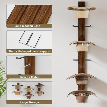 REFGY Cowboy Hat Rack for Wall, 6-Tier Solid Wood-Texture Western Hat Holder, Large Brim Hat Organizer for Wall Mount, Rustic Hat Hanger for Home Decor & Storage, Brown