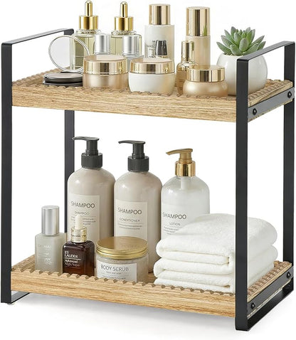2 Tier Bathroom Organizers and Storage, Farmhouse Countertop Organizer for Bathroom Storage, Makeup Organizer for Decor, Wood Shelf for Perfume Skincare Kitchen Coffee Bar, Vanity Accessories (Brown)