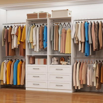 Closet System with 2 Set, 4FT-15FT Closet Organizer System with 6 Wooden Drawers Walk-in Closet Storage System with 10 Expandable Hanging Rods Garment Rack Wall Mount White