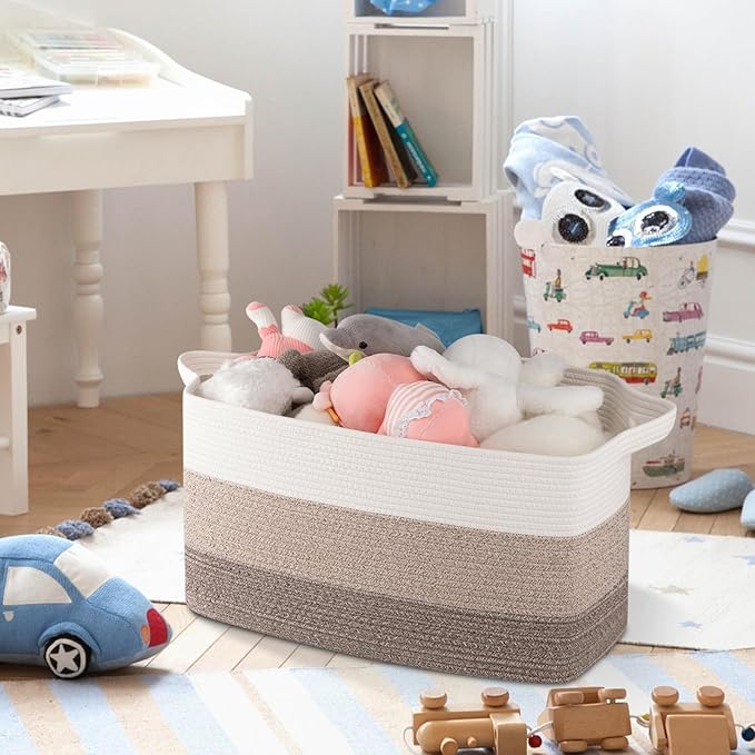 OIAHOMY Large Blanket Basket, 65L Cotton Rope Woven Laundry Basket, Toy Bin for Baby Room, Container for Blanket Storage in Living Room, 20''×16''×12'', Gradient Brown