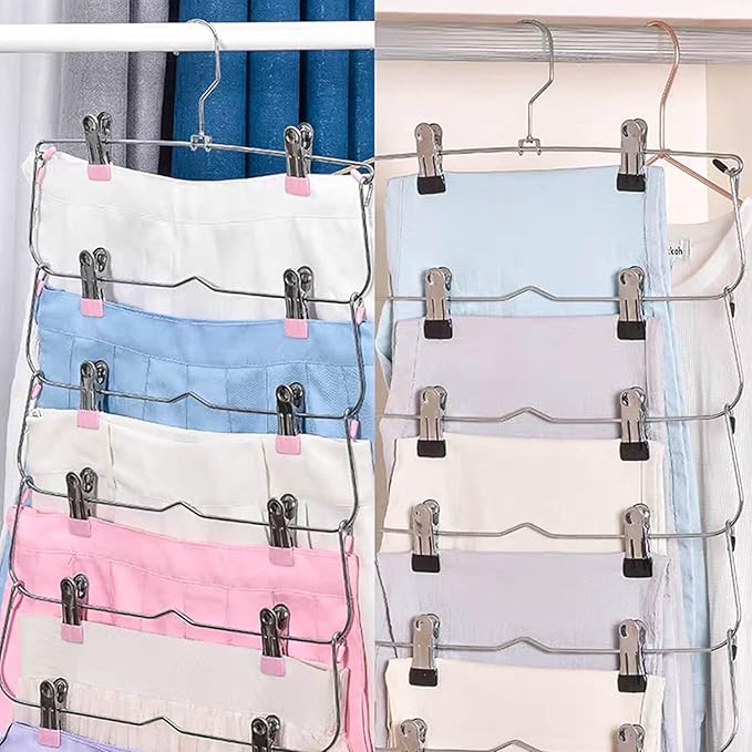 Skirt Pants Hangers with Clips,6Tier Skirt Hangers Space Saving,Metal Multi Pants Hangers and Storage Multi Clothes Shorts Hanger Organization,Space Saving Hangers with Clips (Pink, 4-Piece Set)