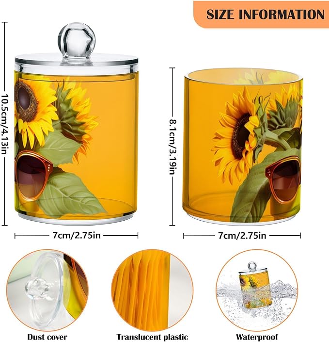 2 Pack Qtip Cotton Ball Holder Dispenser with Lid Funny Sunflower Print, Plastic Jars Bathroom Canisters Storage Organizer