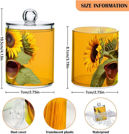 2 Pack Qtip Cotton Ball Holder Dispenser with Lid Funny Sunflower Print, Plastic Jars Bathroom Canisters Storage Organizer