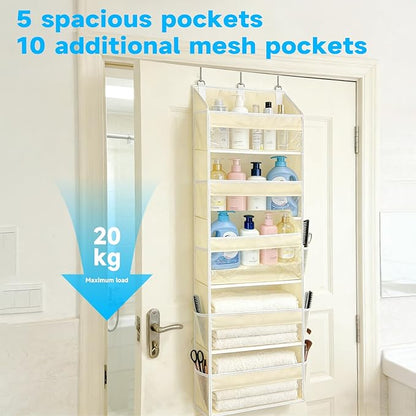 Over Door Organizer, 5 Layers Door Organizer Hanging with 10 Mesh Side Pockets and Clear Window for RV, Kitchen, Bedroom, Bathroom, Beige