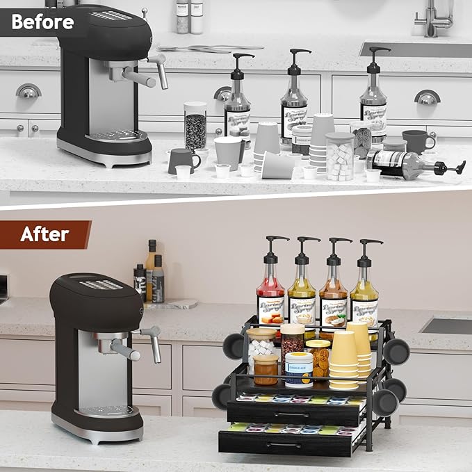 Homsorout Coffee Syrup Rack Organizer - 4-Tier 8 Syrup Wine Bottles Stand with 82 Storage Drawer for K Cups, Coffee Pod Holder for Countertop, Bar Station, Kitchen, Black